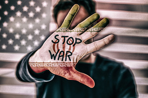 Stop War Message on Hand with US Flag, an Industrial Photo by Davizro's Market