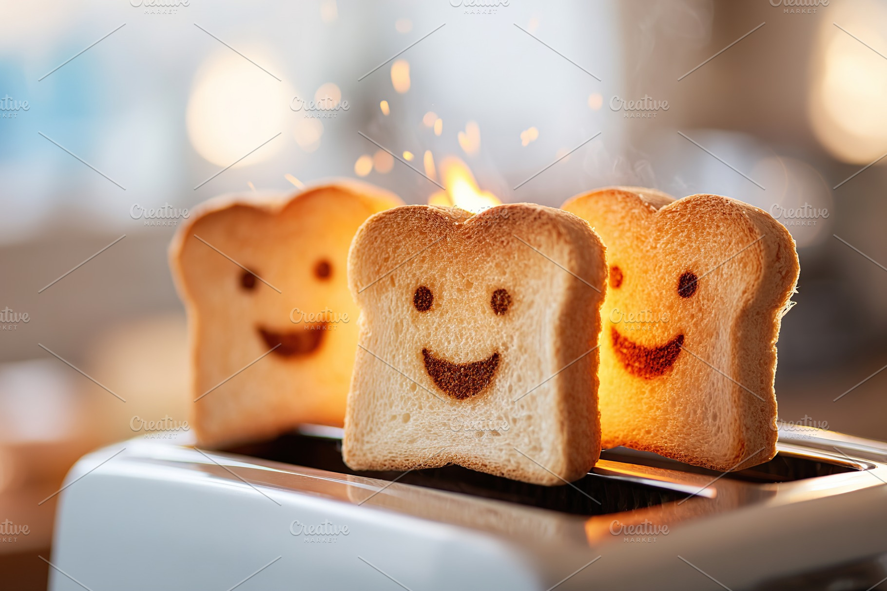 Joyful toast popping out of toaster with happy faces in a cheerful kitchen sett, a Photo by AlyaAnd
