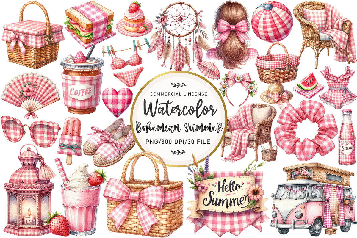 Bohemian Pink Gingham Summer Clipart, an Illustration by OK Design (Photo 1 of 5)