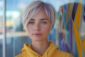 A young Caucasian woman with a stylish short haircut wearing a yellow hoodie, g, a Person Photo by ImageMir