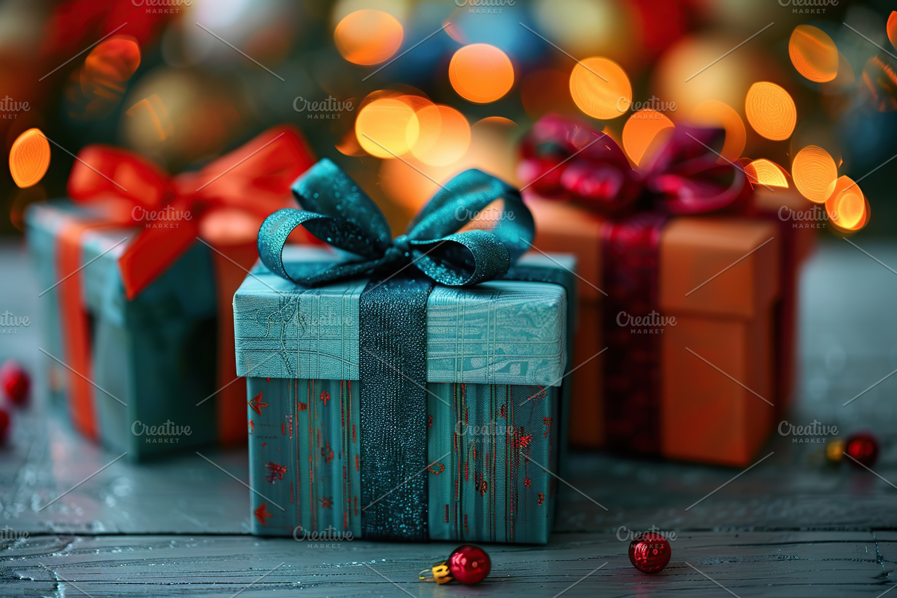 Colorful christmas gift boxes with ribbon bows on blurred lights background, a Holiday Photo by AlyaAnd
