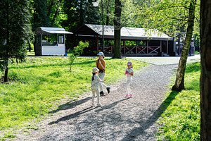 Children enjoying a walk in a sunny park surrounded by greenery, a Person Photo by AS photostudio