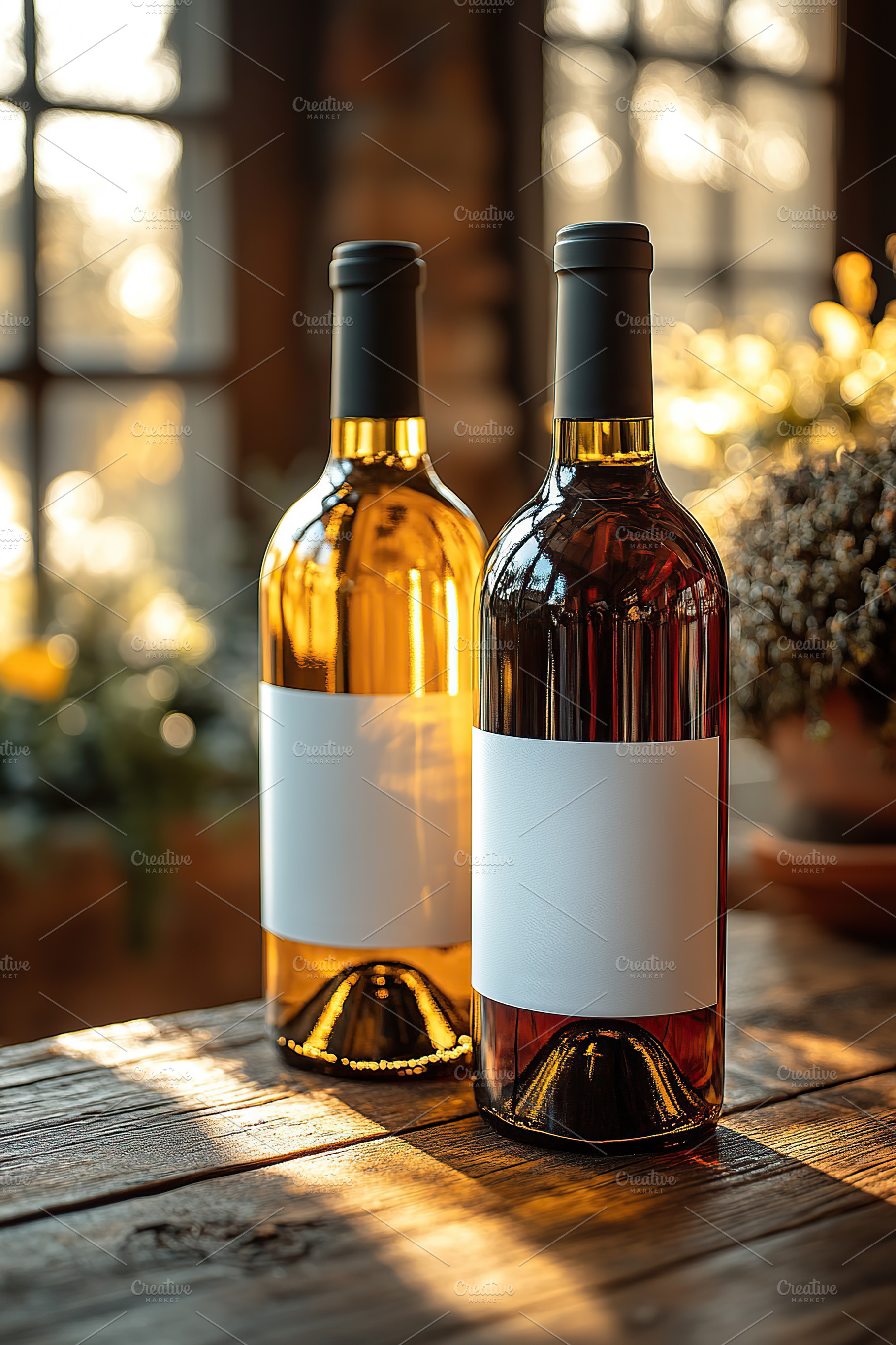 Two wine bottles in soft sunlight on a rustic wooden table, a Food & Drink Photo by AlyaAnd
