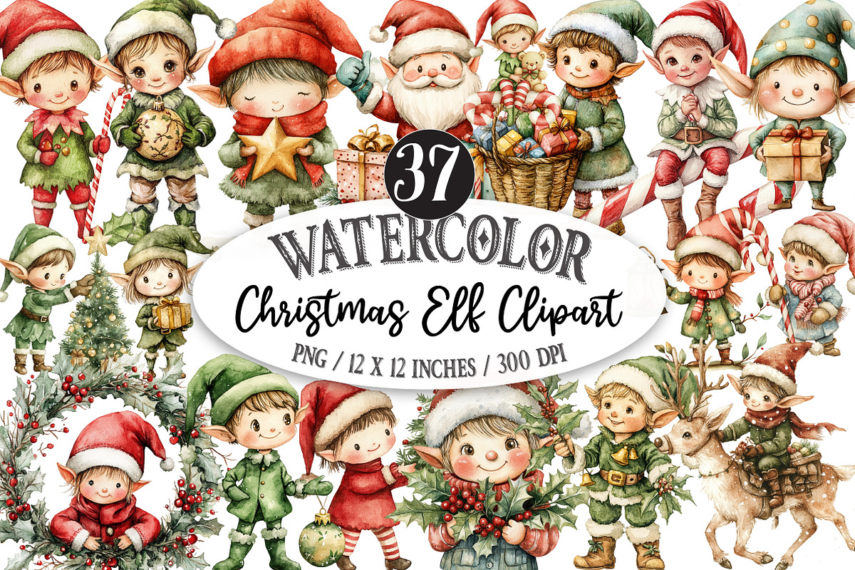 Christmas Elf Watercolor Clipart, an Illustration by Designking (Photo 1 of 5)