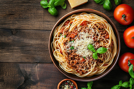 Spaghetti bolognese with ground beef in plate, a Food & Drink Photo by AlyaAnd