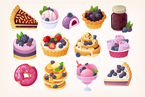 Set of blueberry desserts vectors
