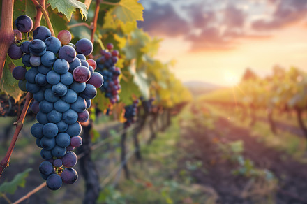 Blue grape bunches hanging in vineyard on sunset background, a Food & Drink Photo by AlyaAnd