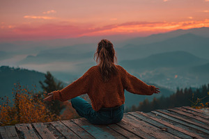 Woman meditating on wooden deck at s, a Photo by Pixeness Studio