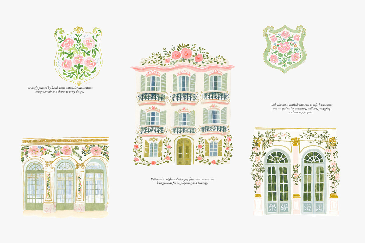 watercolor pastel rococo clipart set, a Decorative Illustration by Patishop Art (Photo 2 of 9)