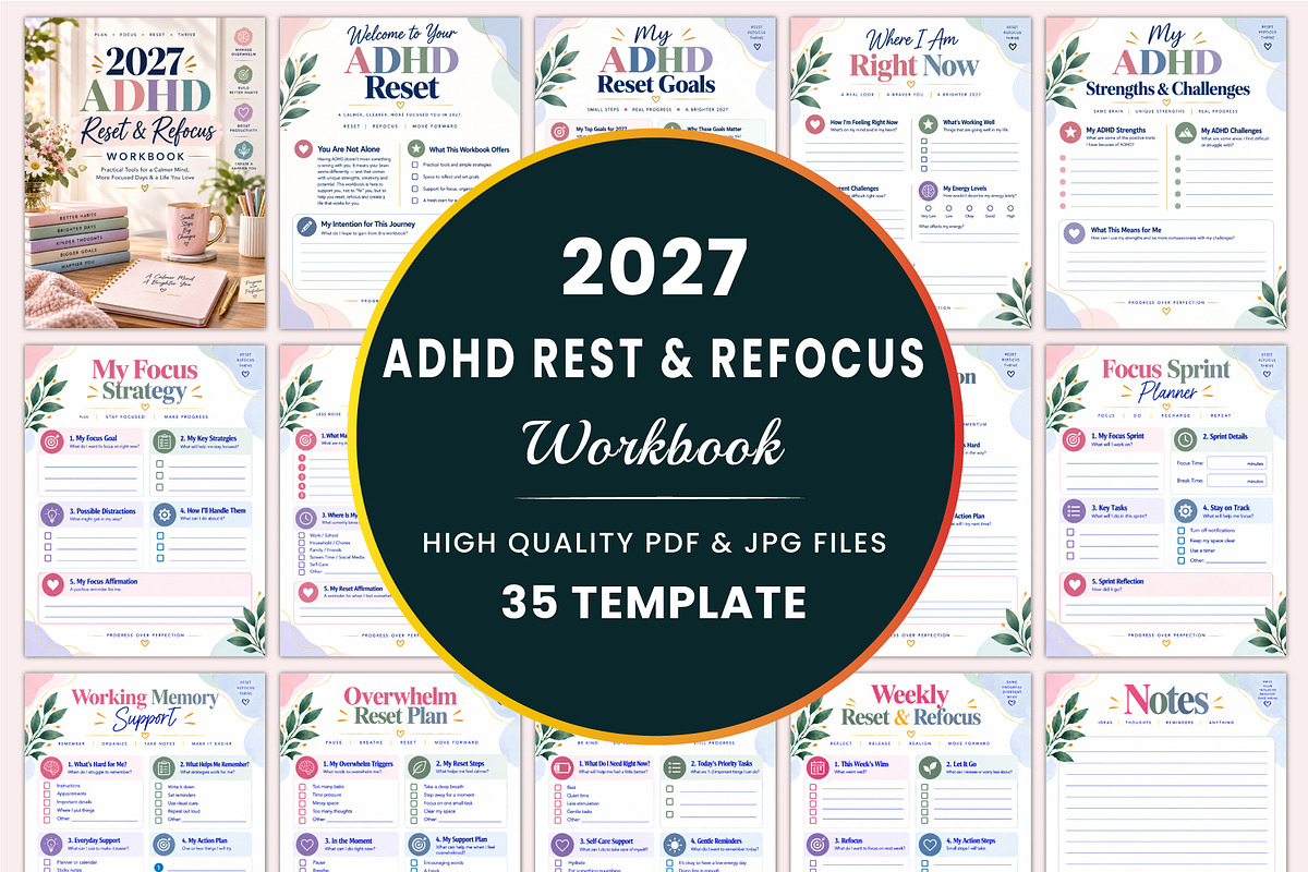 2027 ADHD Reset & Refocus Workbook, a Stationery Template by Shumaya (Photo 1 of 4)