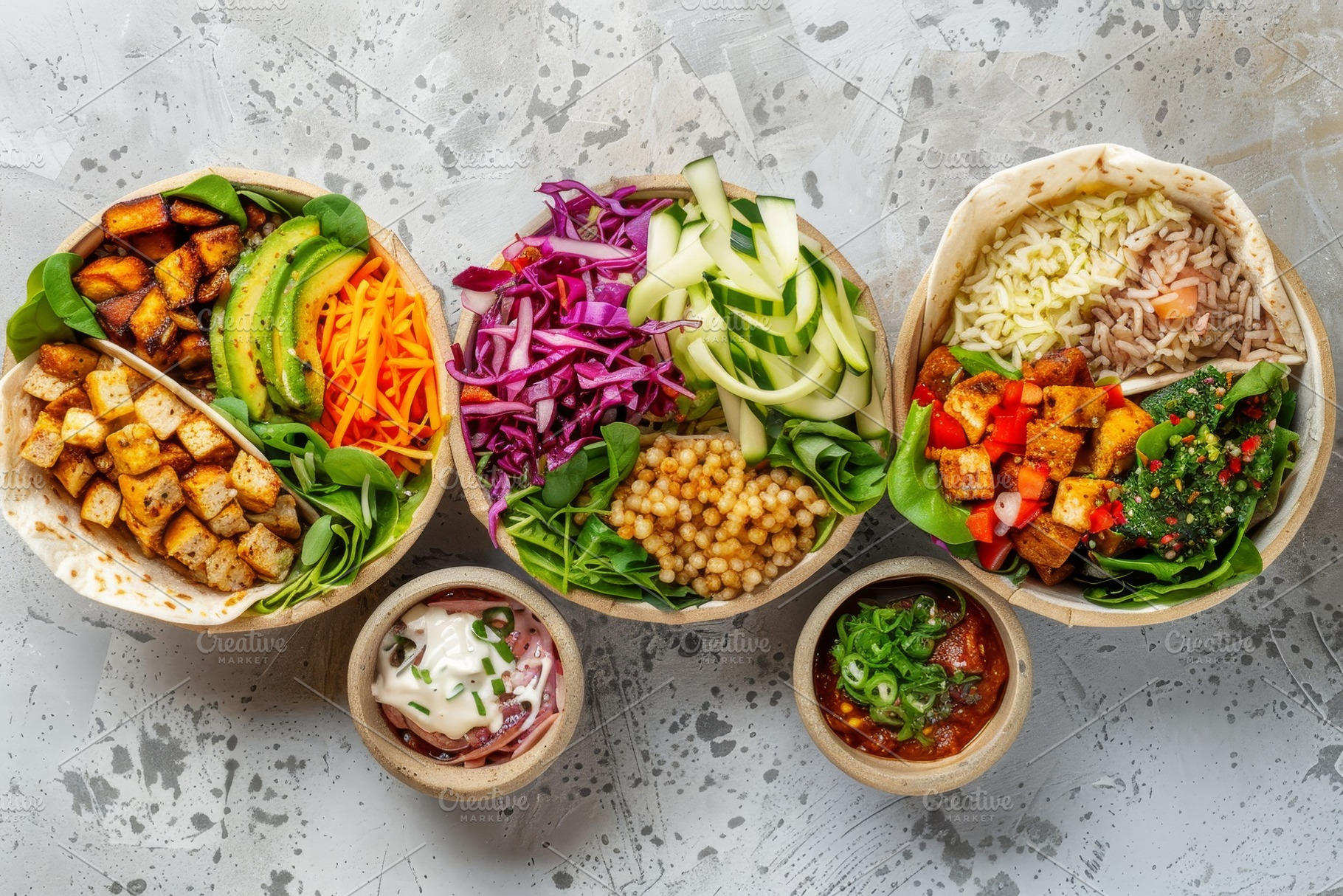 Colorful Vegan Bowls With Fresh Ingr, a Photo by Tanuart