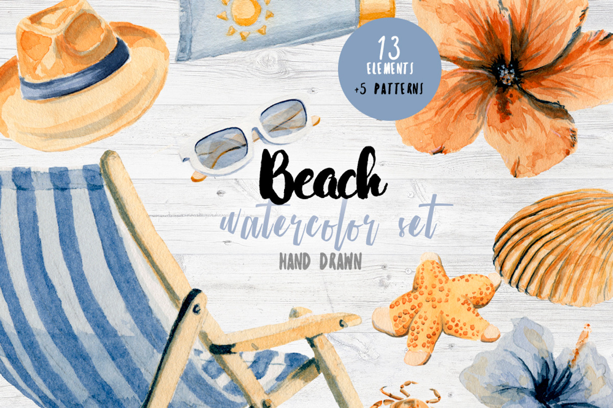 Watercolor Beach Set Clip Art, an Illustration by Sha1nee (Photo 1 of 6)