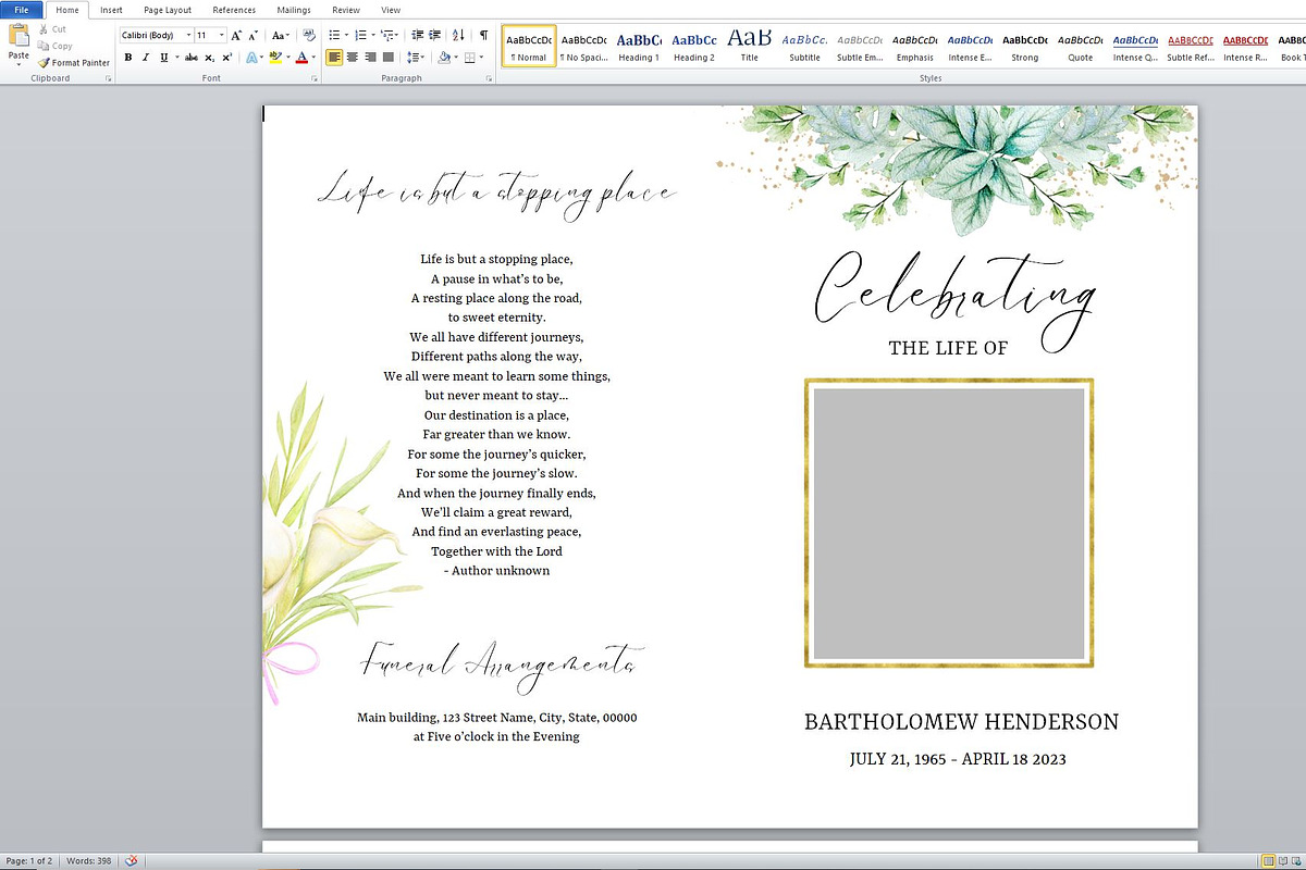 Greenery Funeral Program Canva, a Brochure Template by SmmrDesign (Photo 4 of 6)