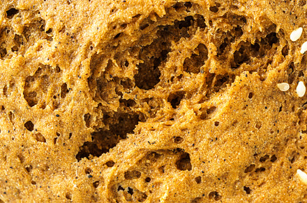 Close detailed macro view of wholesome whole grain bread texture showing the po