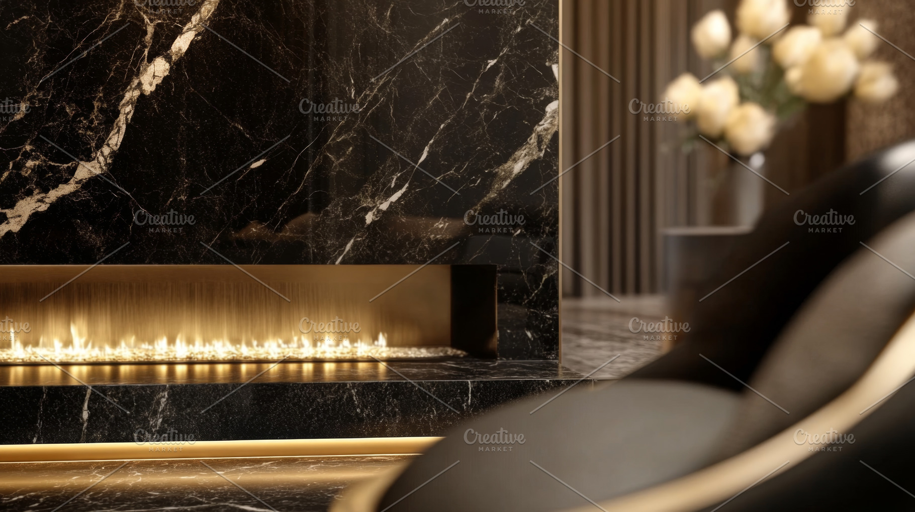 Modern Black Marble Fireplace with Designer Lounge Chair, an Abstract Photo by Natalia Klenova's Shop