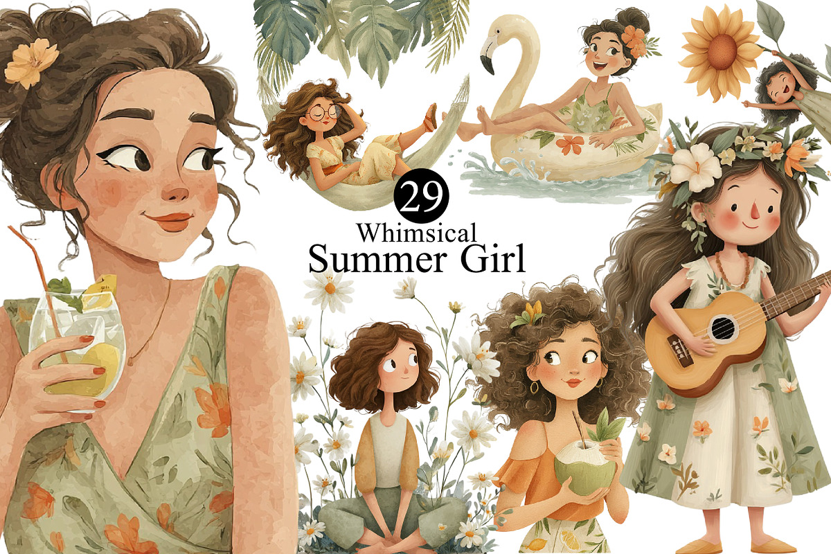 Whimsical Summer Girl Clipart, an Illustration by DreamArtGraphic (Photo 1 of 8)