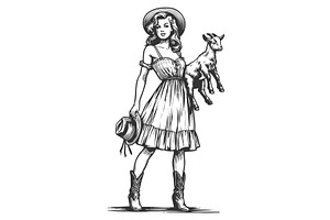 Farm Girl in Dress Baby Goat vector, a Person Illustration by AlexArt