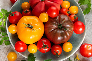 Heirloom tomatoes creating colorful harvest on plate, a Food & Drink Photo by Olena Rudo