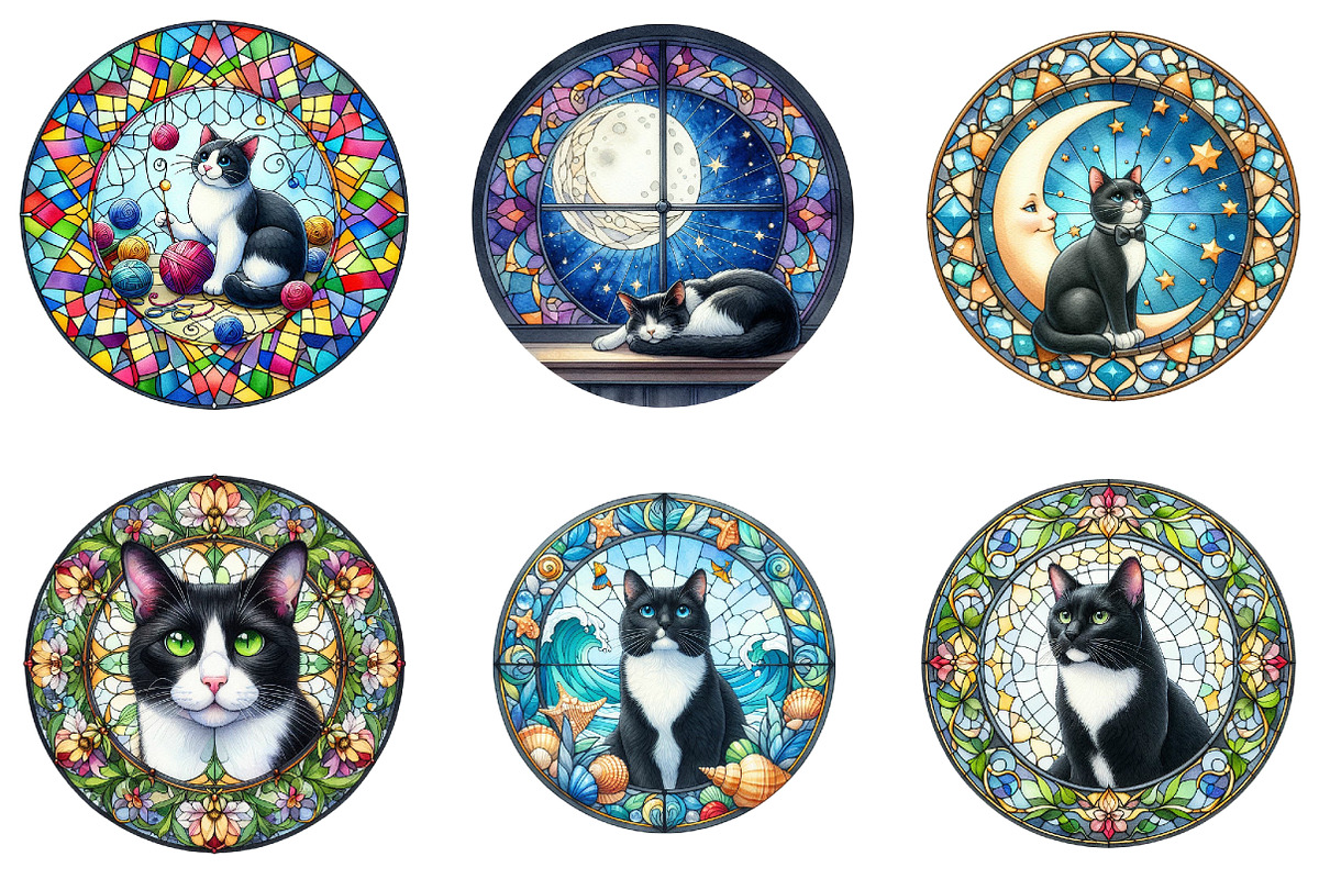 Round Stained Glass Tuxedo Cat Clipa, an Illustration by DreamArtGraphic (Photo 2 of 4)