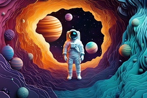 Astronaut in a surreal cosmic landsc, a Photo by Pixeness Studio