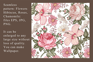 Set Seamless Flowers Rose Hibiscus