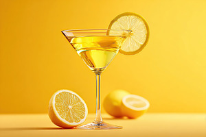 Bright lemon cocktail served in a glass with fresh lemons on a vibrant yellow b, a Food & Drink Photo by AlyaAnd