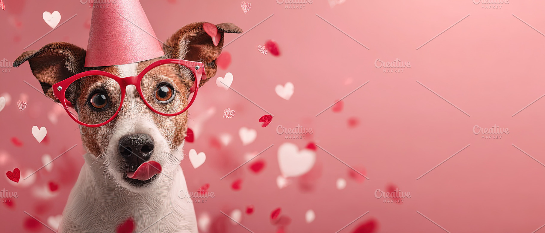 Adorable dog wearing red glasses and a party hat with pink heart, an Animal Photo by Ales Munt