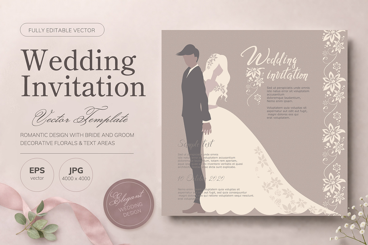 Wedding Invitation Vector Template, an Invitation Template by Elena Naumchenkova (Photo 1 of 3)