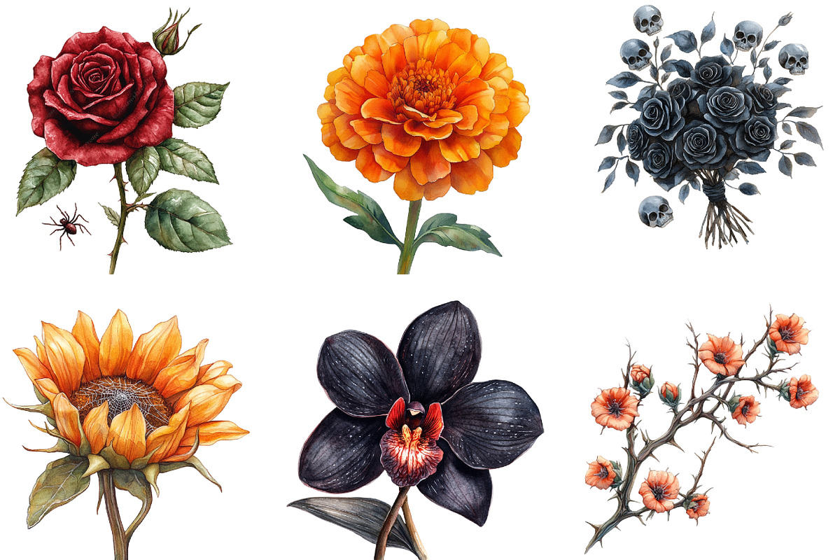 Halloween Flowers Clipart, a Work Illustration by cherrydesign (Photo 2 of 3)