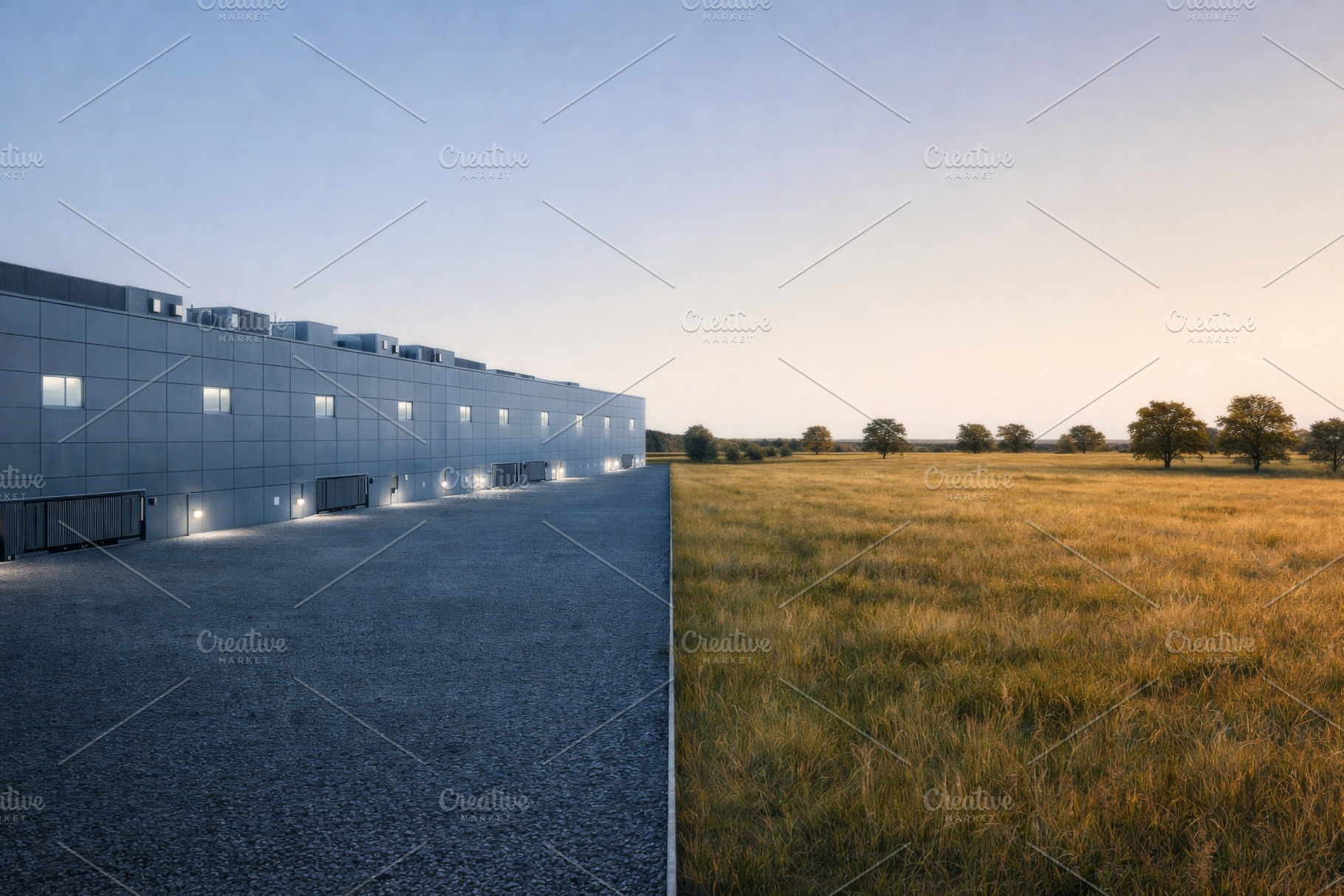 Data center juxtaposed with open field, illustrating contrast be, a Photo by Dvoevnore photos