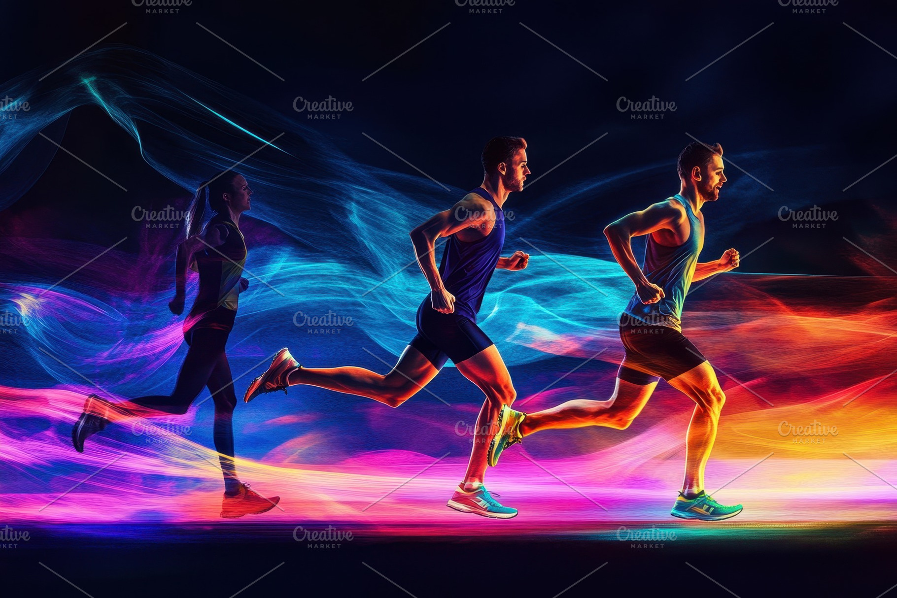Athletes training together in a row, a Photo by Pavel_design