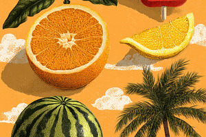 Vintage Tropical Fruit Pattern With Watermelon Citrus Palm Tree, a Background Photo by José Manuel Gelpi