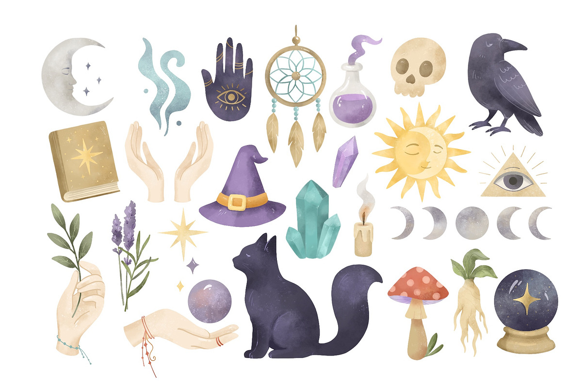 Magic aesthetic witches clipart, a Seasonal Illustration by ArtGiftsStudio (Photo 2 of 3)