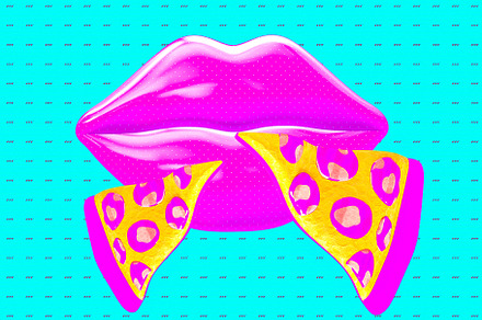 Minimalistic stylized collage art. 3d render stylish pizza and l, a Food & Drink Photo by Jenya Porechenskaya