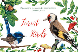 Forest Birds - Gouache Clipart Set