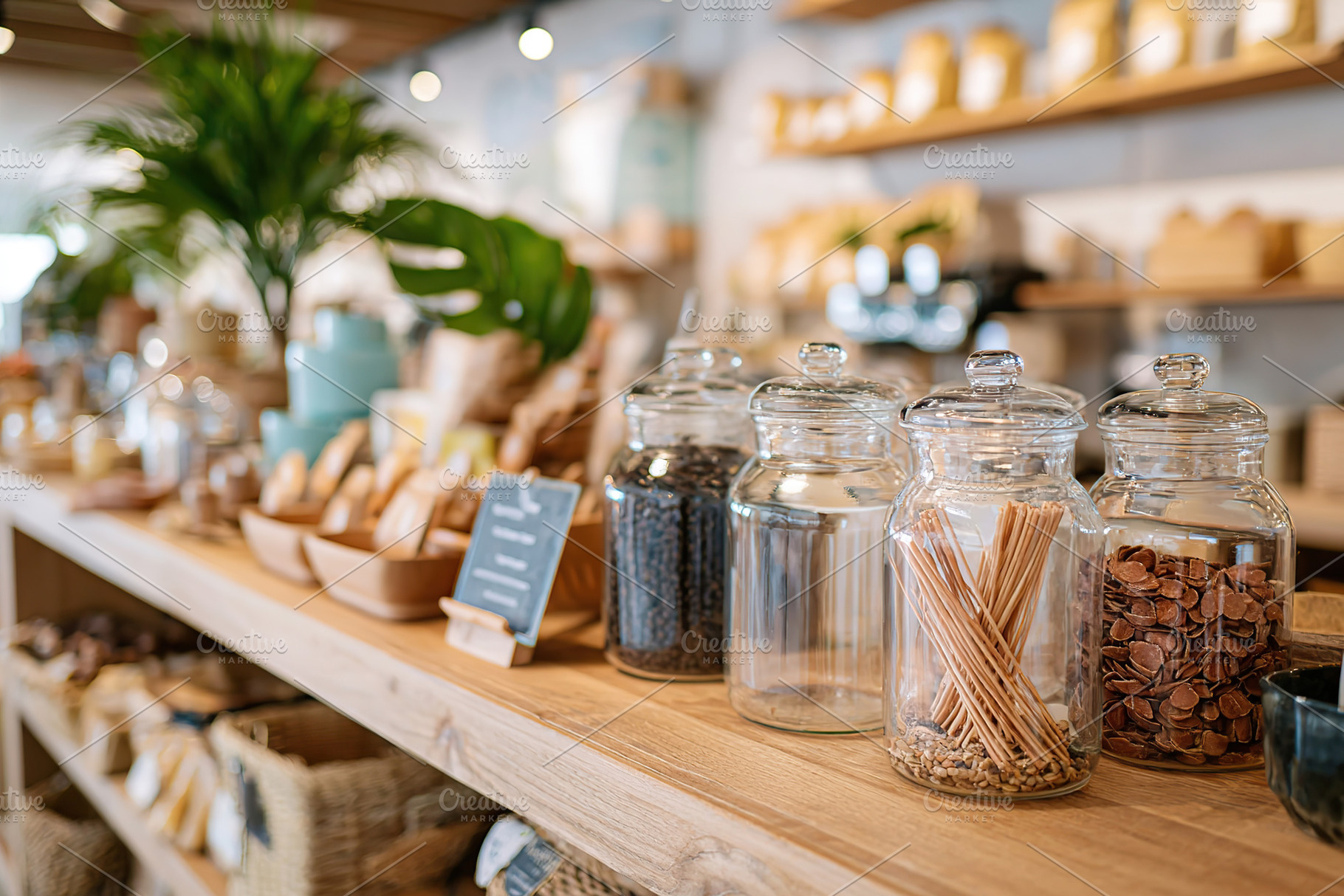 Refillable glass jars line shelves in zero waste store promoting eco-friendly s, a Food & Drink Photo by AlyaAnd
