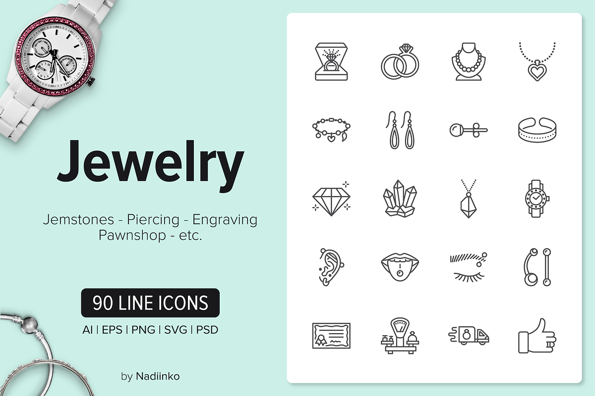 90 Jewelry Icons, an Outline Icon by Nadiinko (Photo 1 of 5)