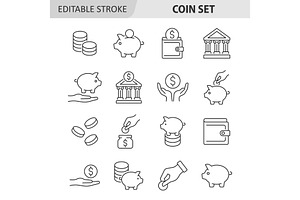 Coin line icon vector set, an Outline Icon by ElineDesign