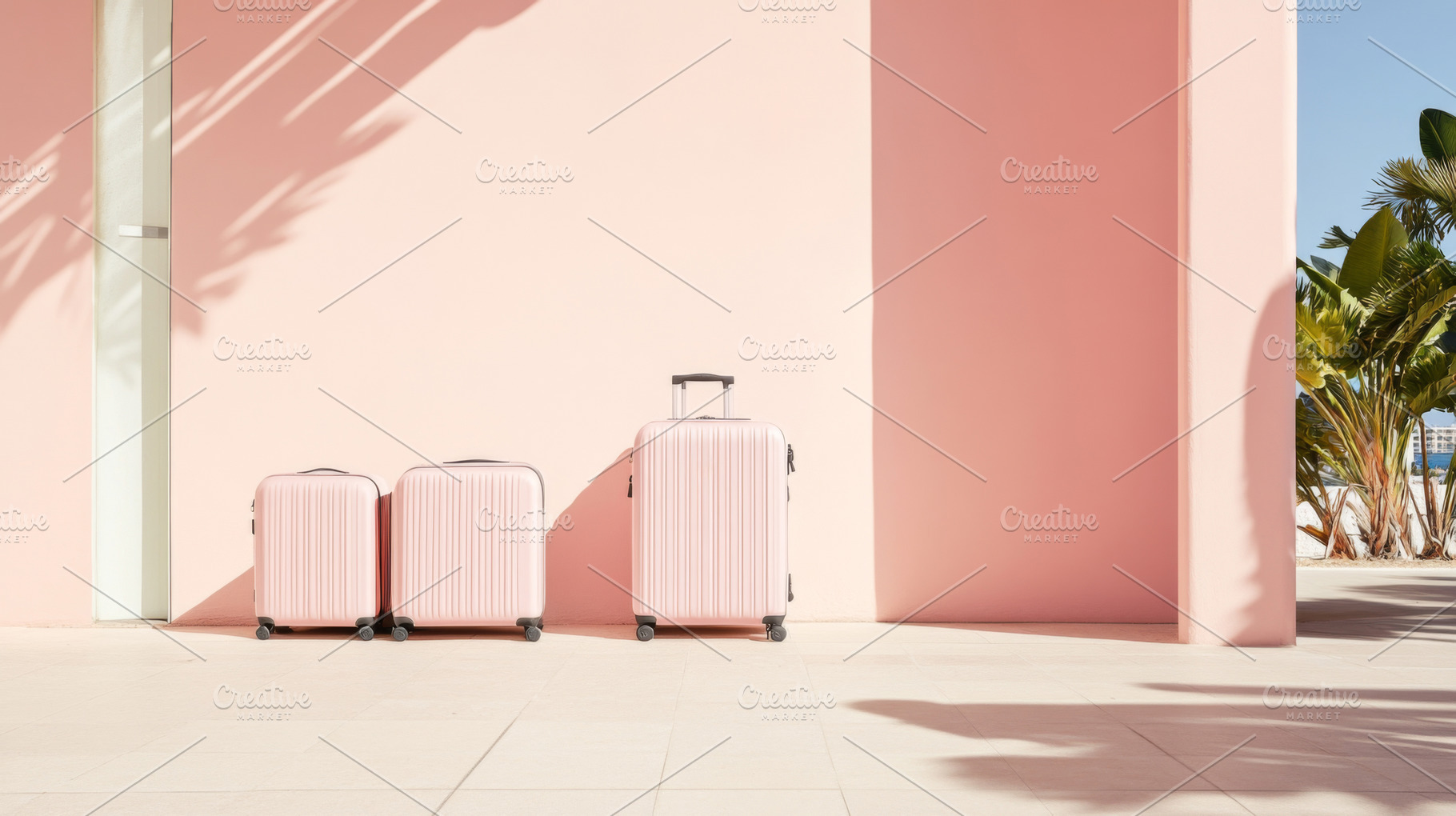 Travel themed image with pink suitcases near a pastel building b, a Photo by Dvoevnore photos