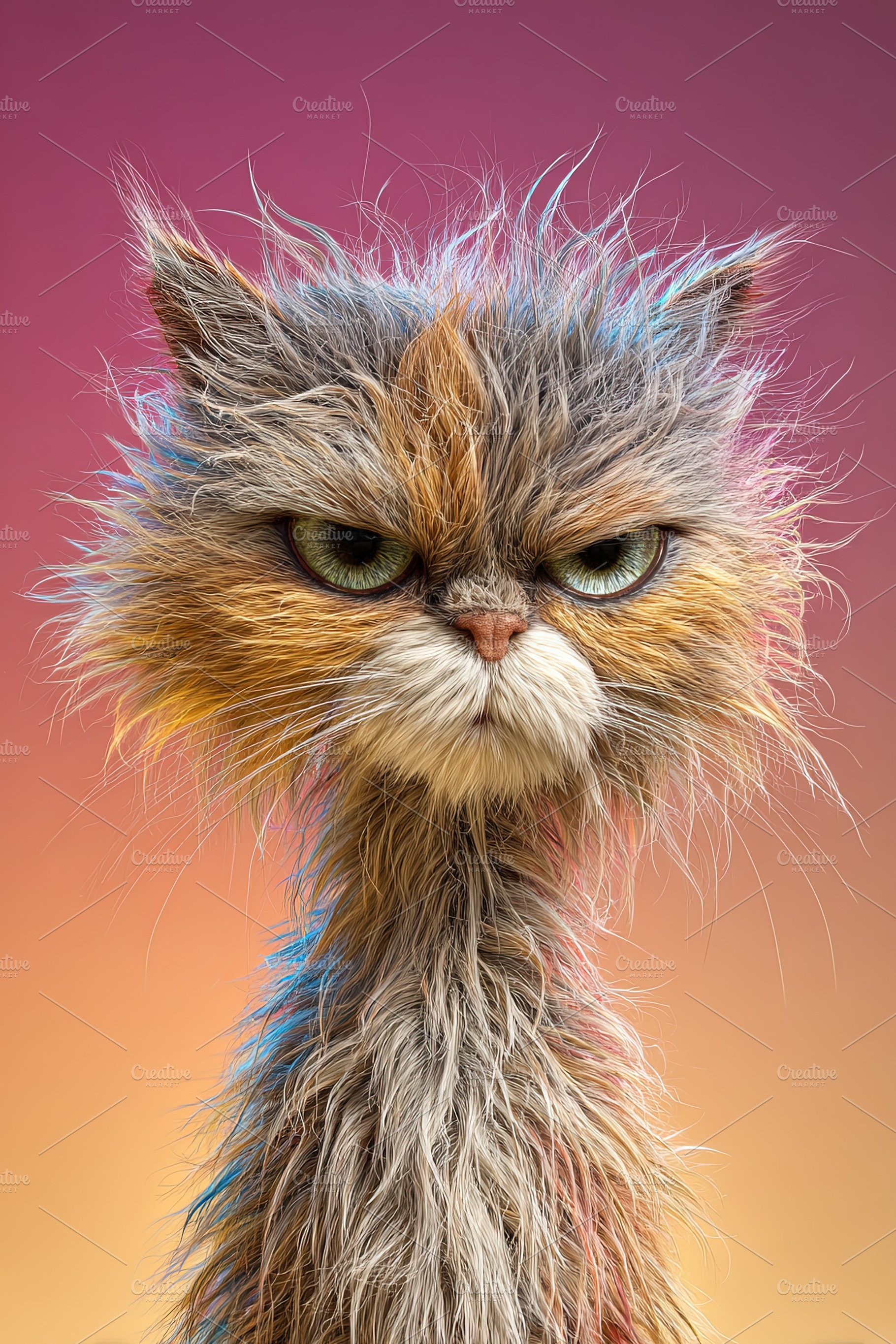 Close-up of a fluffy grumpy cat with expressive eyes and colorfu, an Animal Photo by Ales Munt