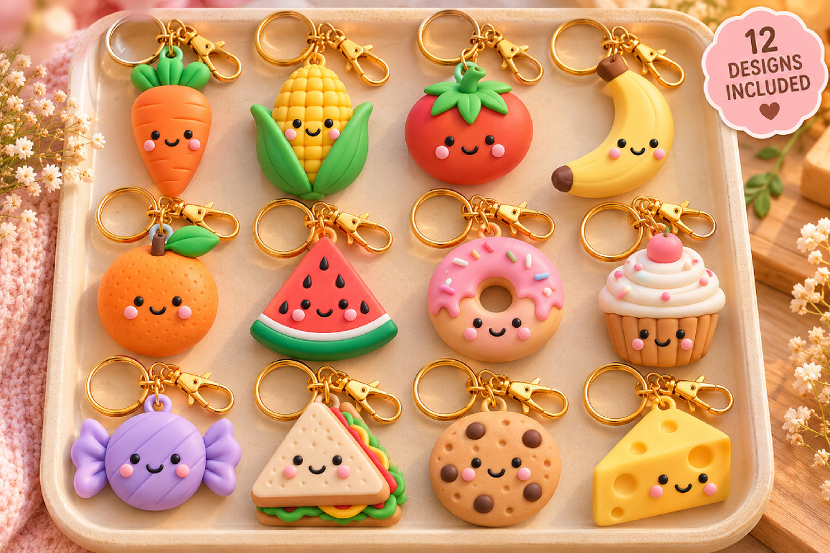 12 Cute Food Keychain STL Designs, an Object 3D Model by Layerology (Photo 1 of 3)