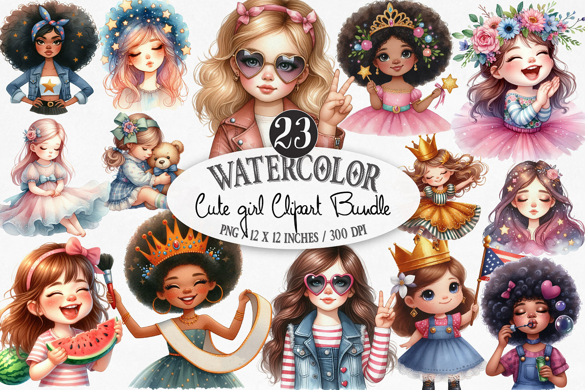 Watercolor Cute Girl Clipart Bundle, an Illustration by Designking (Photo 1 of 4)