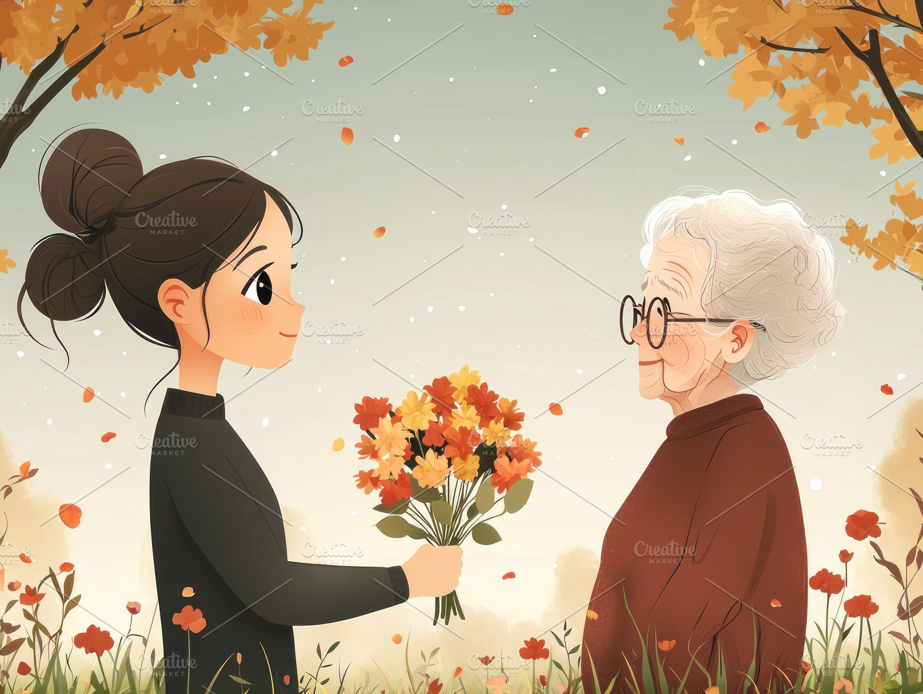 Young woman giving a bouquet of red tulips to her smiling grandm, a Person Photo by José Manuel Gelpi