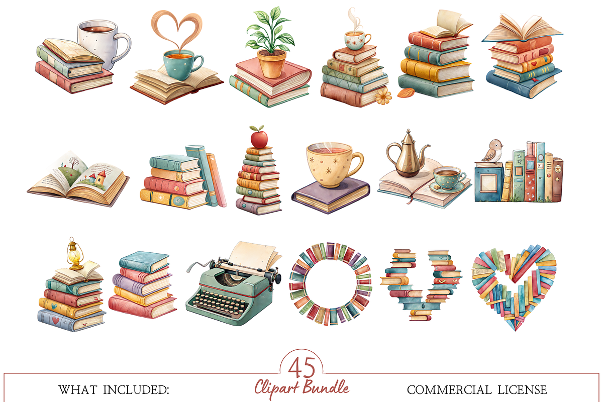 Watercolor Book Lover Clipart Bundle, an Illustration by MockupWizard (Photo 3 of 6)