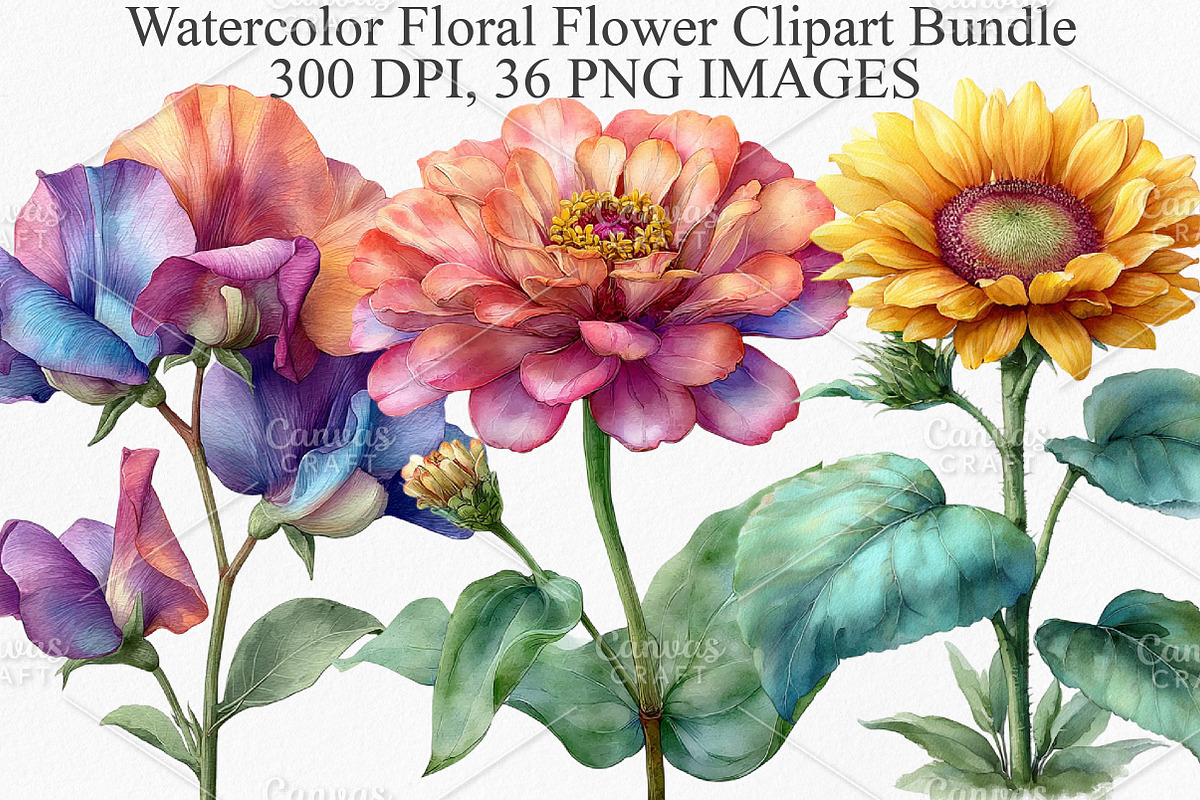 Watercolor Floral Flower Clipart PNG, an Illustration by Canvas Craft (Photo 1 of 7)