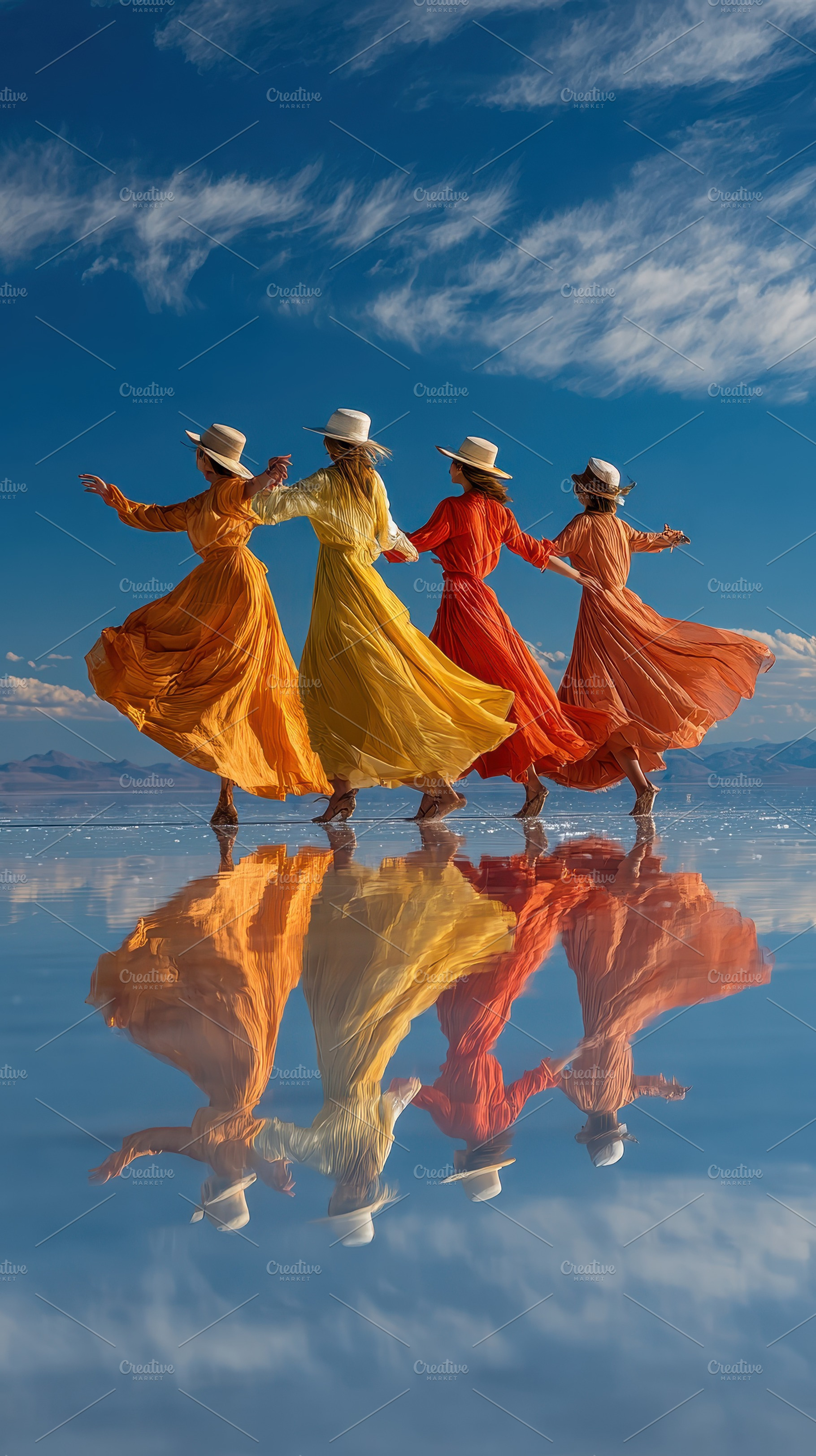 Women in flowing dresses dancing on, a Photo by Pixeness Studio