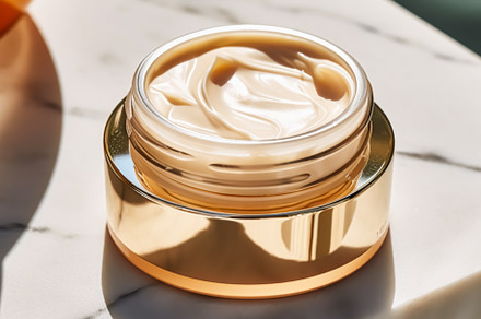 Luxury gold face cream jar on luxurious marble under golden sunl, a Beauty & Fashion Photo by Anneleven
