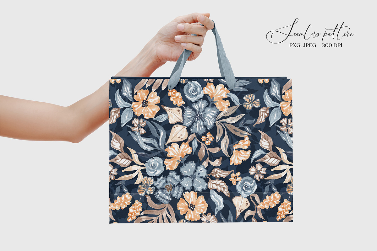 Navy Watercolor Floral Pattern, a Pattern Graphic by SirenaArt (Photo 10 of 12)
