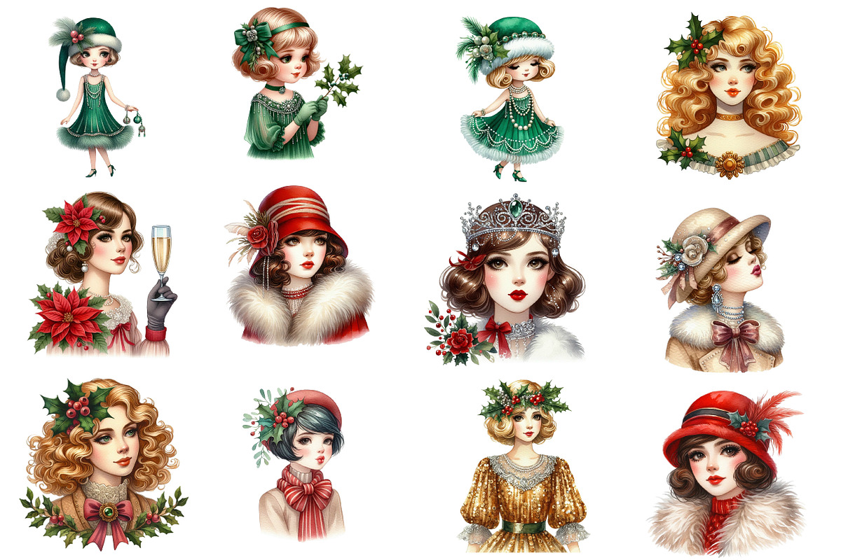 1920 Coquette Christmas Girls Clipar, an Illustration by Designworld (Photo 3 of 5)