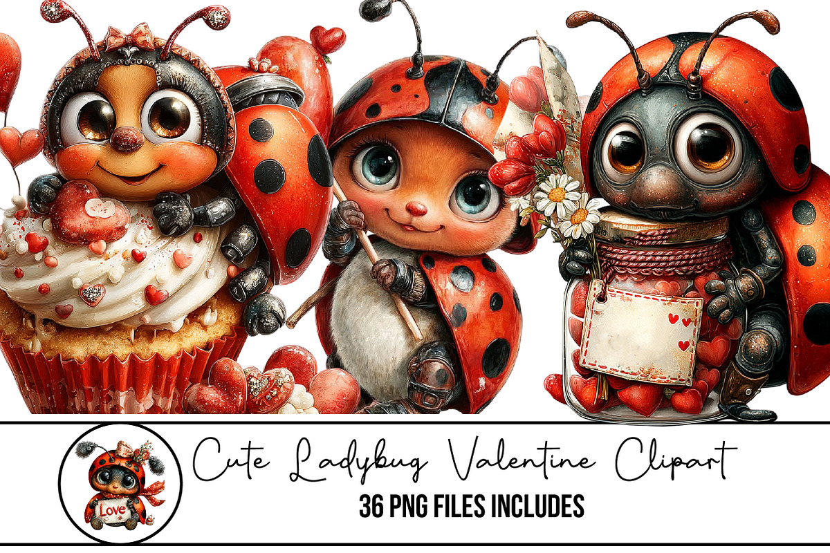 Cute Ladybug Valentine Clipart, an Illustration by DreamArtGraphic (Photo 1 of 5)
